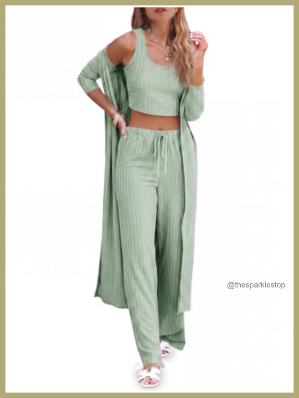 Women's 3 Piece Lounge Pajama Set Scoop Neck Tank Wide Leg Pants Long Sleeve
